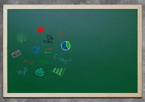 Green chalkboard background with creative education doodles and school icons Stockfoto's