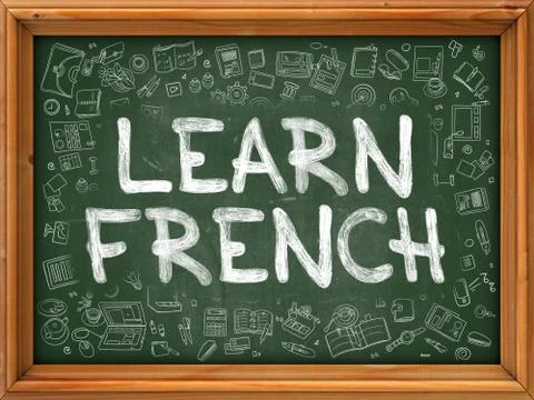 Green Chalkboard with Hand Drawn Learn French Stock Illustration