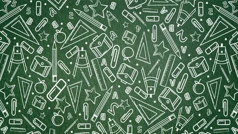 Green chalkboard seamless pattern with white chalk doodles of school suppli.. Stock Illustration