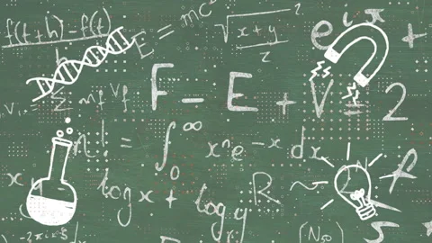 Green chalkboard showing math and icons fading after one sec while glitch dots 스톡 동영상 315559474