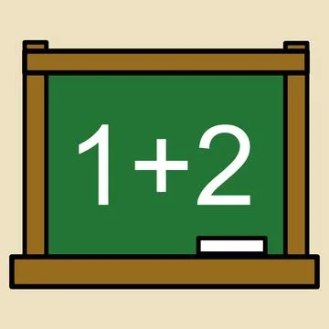 Green chalkboard shows simple math equation: 1+2. Brown wooden frame holds .. Ilustración de archivo
