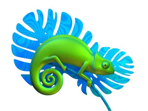 Green chameleon on branch. 3d rendering Stock Illustration