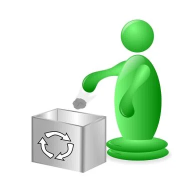 Green character throwing trash into a recycle bin Illustrazione stock