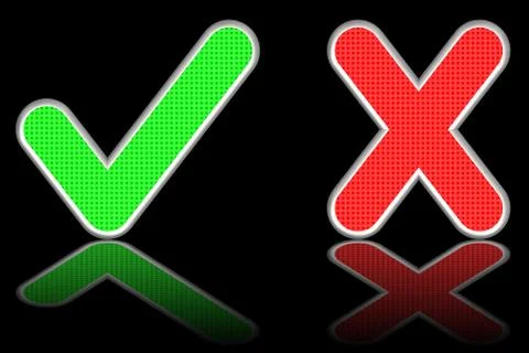 Green check mark and red cross on glossy black background Stock Illustration