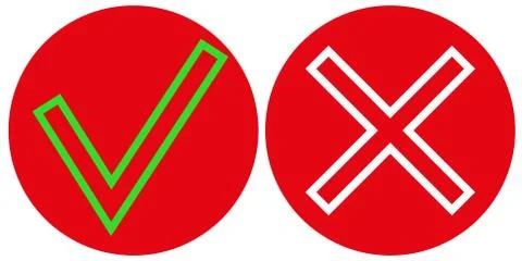 Green check mark and red cross on white background. True or false. Flat style Stock Illustration