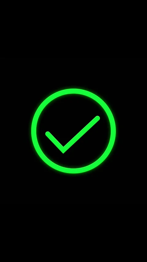 Green check mark approval glowing circle icon, black minimal space, clean succes Stock Footage 340576545