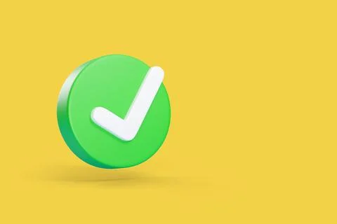 Green check mark button isolated on yellow background with copy space. 3d i.. Illustrazione stock