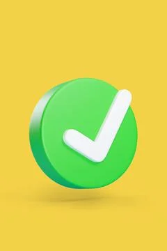 Green check mark button isolated on yellow background. 3d illustration. Illustrazione stock