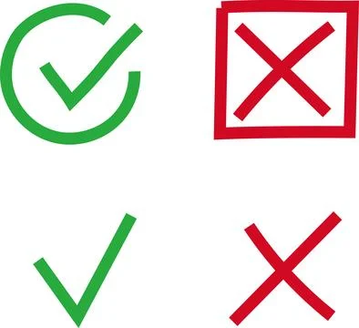 Green check mark icon, approval button sign, tick and cross symbols. Stock Illustration