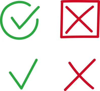 Green check mark icon, approval button sign, tick and cross symbols. Stock Illustration