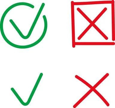 Green check mark icon, approval button sign, tick and cross symbols. Stock Illustration