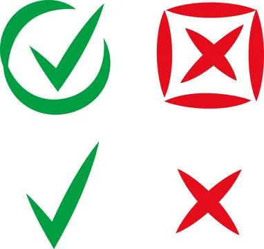 Green check mark icon, approval button sign, tick and cross symbols. Stock Illustration