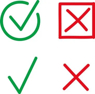 Green check mark icon, approval button sign, tick and cross symbols. Stock Illustration