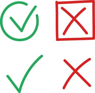 Green check mark icon, approval button sign, tick and cross symbols. Stock Illustration