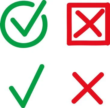 Green check mark icon, approval button sign, tick and cross symbols. Stock Illustration