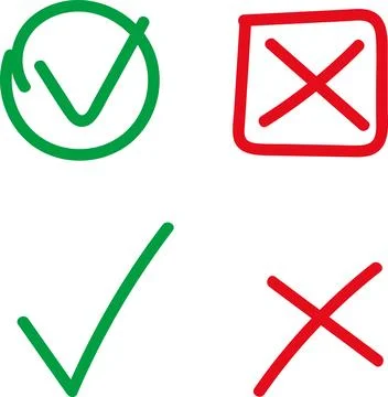 Green check mark icon, approval button sign, tick and cross symbols. Stock Illustration