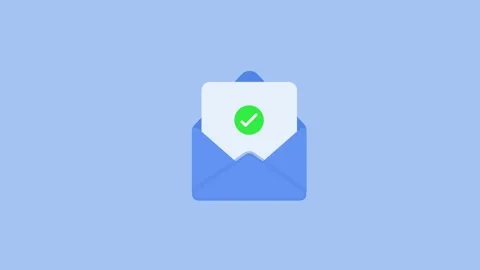 Green check mark icon on email animation isolated on blue background 스톡 동영상 337187856