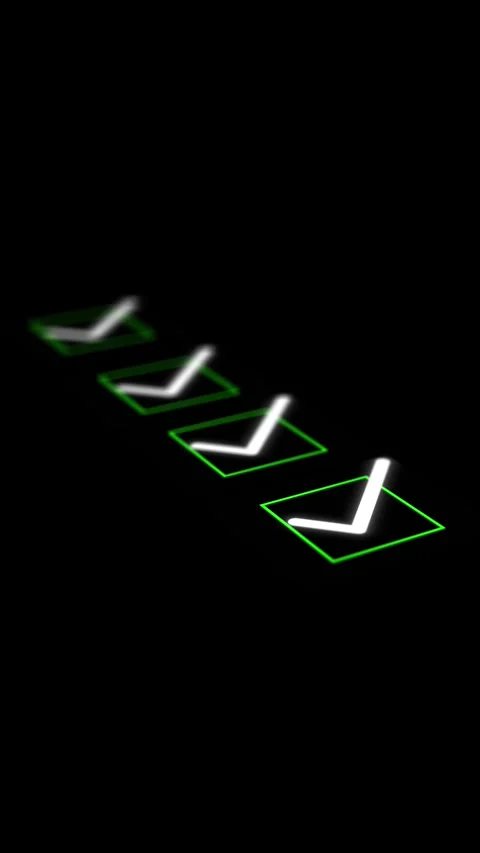 Green check mark task background three glowing approval ticks on black space and Stock Footage 340556212
