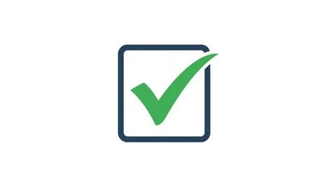 A green check mark on a white square with a dark blue border Ilustración de archivo
