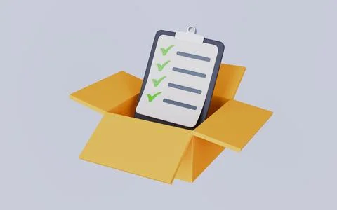 Green check marks on shipment document, Open cardboard box with checklist Stock Illustration