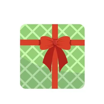 Green checkered present with big red bow. Christmas gift. Flat, cartoon, vector Stock Illustration