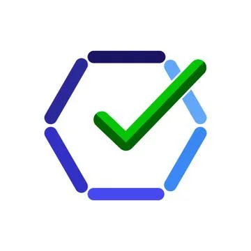 Green checkmark icon in red hexagon. Flat image. Illustrazione stock
