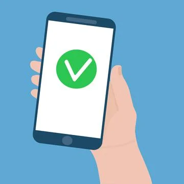Green checkmark on smartphone screen. Hand holding smartphone. Mobile phone w Illustrazione stock