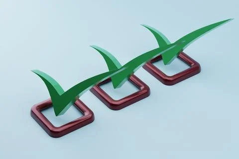 Green checkmarks completing tasks on a light blue background Stock Illustration