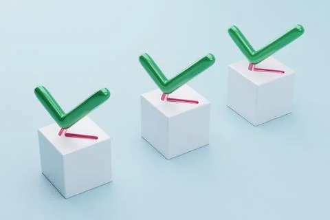 Green checkmarks on cubes, pastel background, completion concept, website d.. Stock Illustration