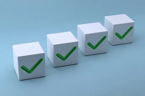 Green checkmarks on white cubes, blue background, checklist concept, projec.. Stock Illustration