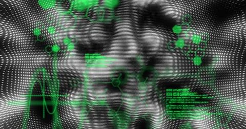Green chemical structures and data processing against black background Stock Photos