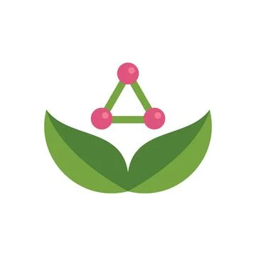 Green chemistry logo featuring molecule over two leaves Stock Illustration