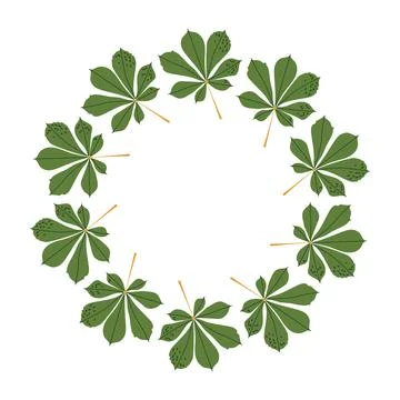 Green chestnut leaves circular frame on white background Ilustração Stock