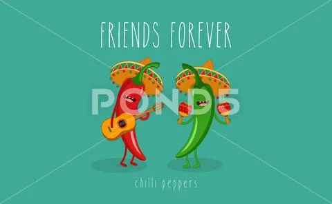 Green Chili Pepper Cartoon Character With Mexican Hat Playing A Guitar Stock Illustration