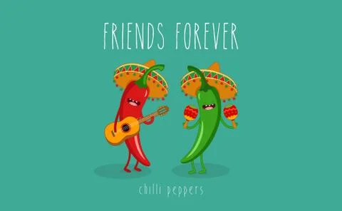 Green Chili Pepper Cartoon Character With Mexican Hat Playing A Guitar Stock Illustration