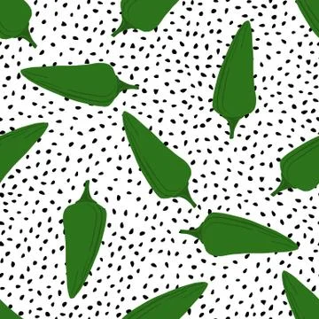 Green chili peppers seamless pattern on dotted background. Stock Illustration