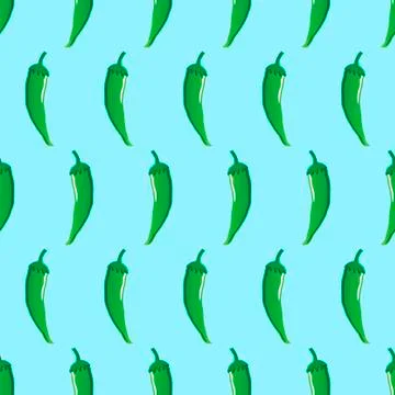 Green chilli stock vector seamless pattern on light blue background Illustrazione stock