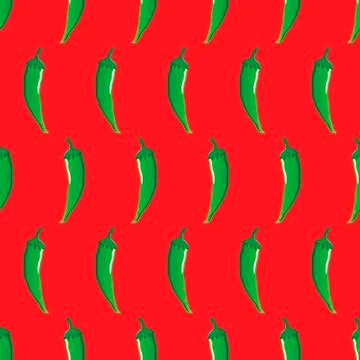 Green chilli stock vector seamless pattern on red background Illustrazione stock