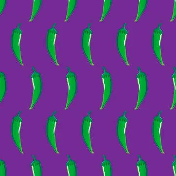 Green chilli stock vector seamless pattern on purple background Stock Illustration