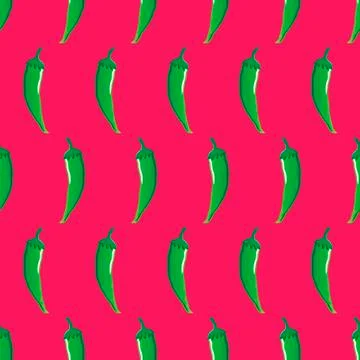 Green chilli stock vector seamless pattern on pink background Stock Illustration