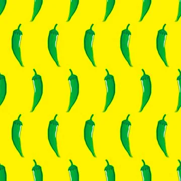 Green chilli stock vector seamless pattern on yellow background Illustrazione stock