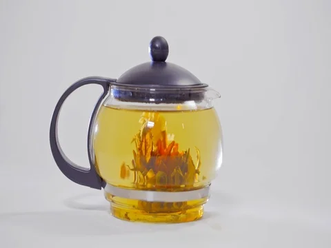 Green Chinese tea flower bud blooming in glass teapot Stock Footage 73955707