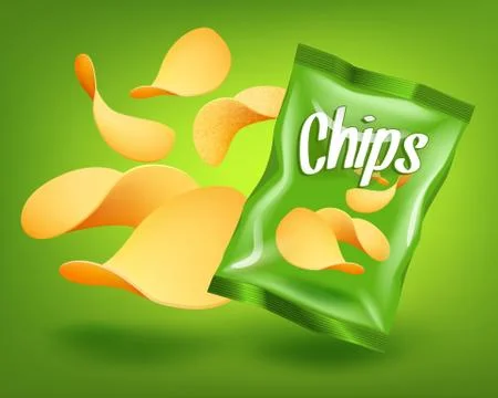 Green chips package with yellow crispy snacks, advertising concept Stock Illustration