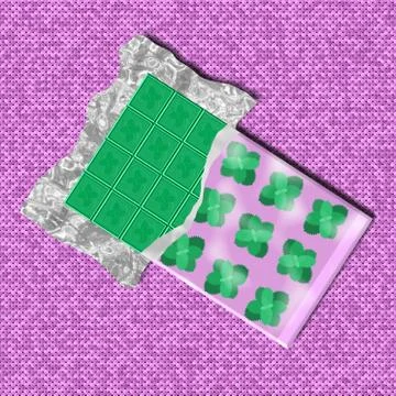 Green chocolate bar in opend package with mint leaves Stock Illustration