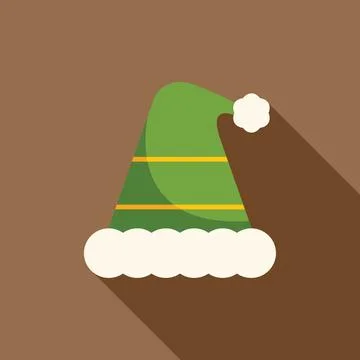 Green christmas elf hat with white fur and yellow stripes on brown background Stock Illustration