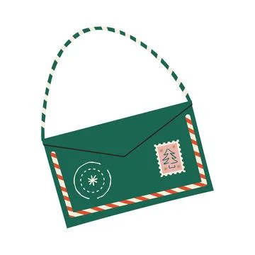 Green christmas envelope bag with string handle and postage stamp Stock Illustration