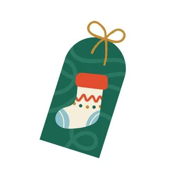 Green christmas gift tag with stocking illustration and twine Stock Illustration