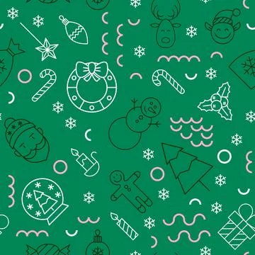 Green Christmas Line Seamless Pattern 库存插图