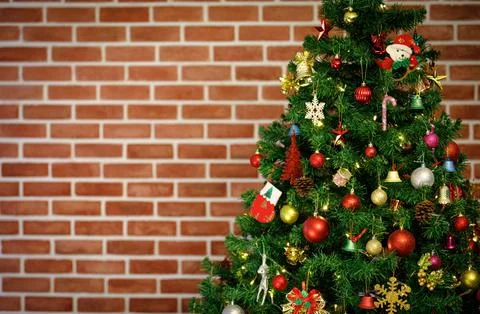 Green Christmas pine tree decorating with ornamental hanging stuffs glossy gl Stock Photos