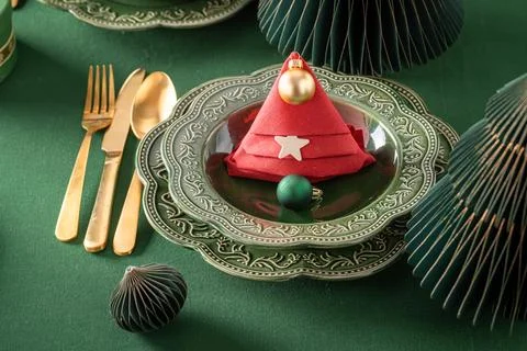 Green Christmas Table Setting with Red Napkin Tree Stock Photos